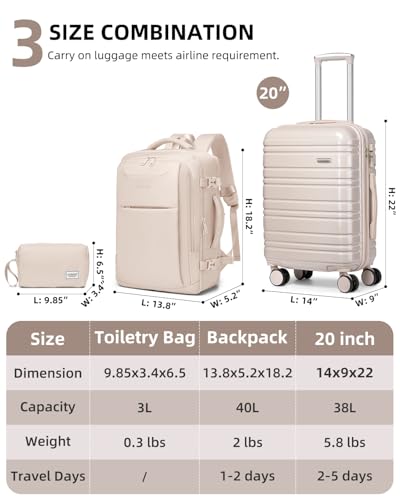 LARVENDER Carry on Luggage Sets 3 Piece, 20 Inch Suitcase, Glossy Champagne - color: Glossy Champagne (XL-BP), size: 3 Piece Set (Backpack/TB/20)