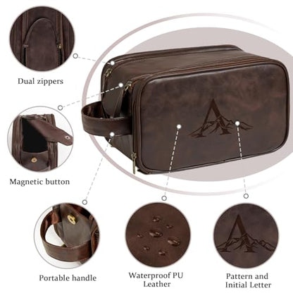 Travel Toiletry Bag For Mens PU Leather Engraved Initials (Dark Brown E) - color: Dark Brown, style: E