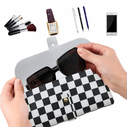 Faux Leather Glasses Pouch, Portable Bag for Sunglasses travel glasses bag - color: Black and White Grid