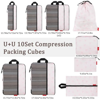 U+U 10 Set Compression Packing Cubes, Travel Organizers (Pink Bow) - color: Pink Bow, size: 10 Set