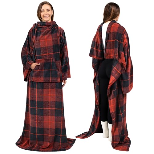 PAVILIA Blanket with Sleeves for Adult Women Men, Soft Warm Wearable Blanket Fleece Wrap Throw, Robe Blanket Gift - color: Plaid Red