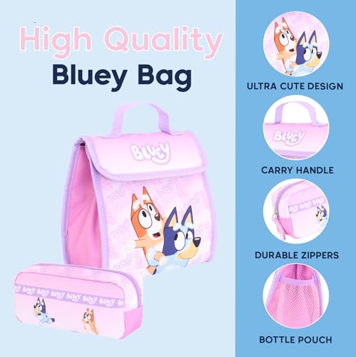 Bluey Backpack for Girls Pink, 3 Piece Set with Lunch Box and Pencil Case