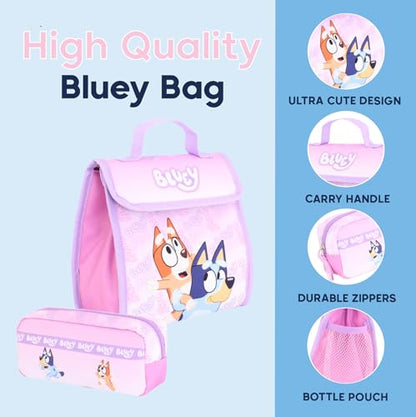 Bluey Backpack for Girls Pink, 3 Piece Set with Lunch Box and Pencil Case