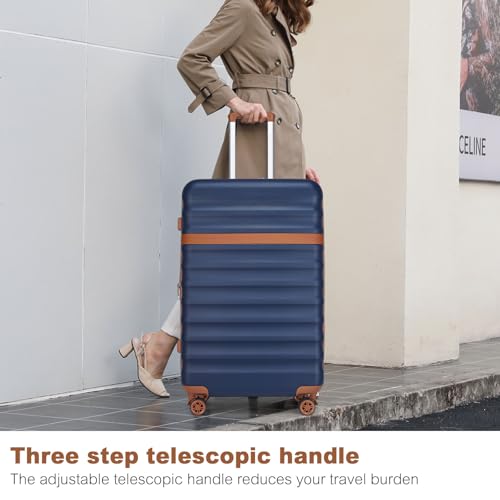Kono Checked Luggage 28in Expandable Hardside TSA Lock Navy - color: Navy/Brown, size: Checked-large 28-inch