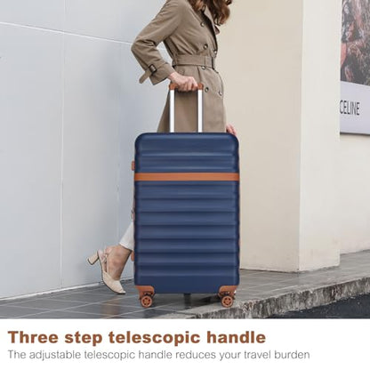 Kono Checked Luggage 28in Expandable Hardside TSA Lock Navy - color: Navy/Brown, size: Checked-large 28-inch