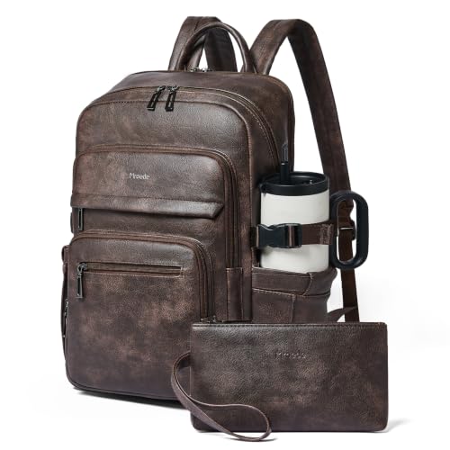 Leather Laptop Backpack for Women Fits 17" Laptop, with RFID Wristlet Purse - color: Coffee