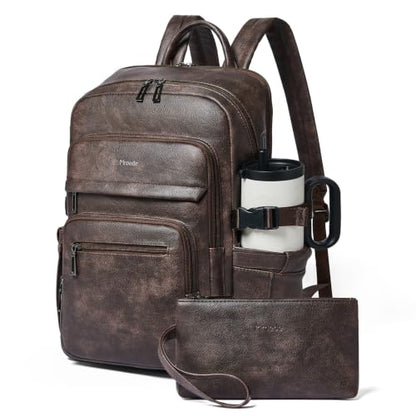 Leather Laptop Backpack for Women Fits 17" Laptop, with RFID Wristlet Purse - color: Coffee