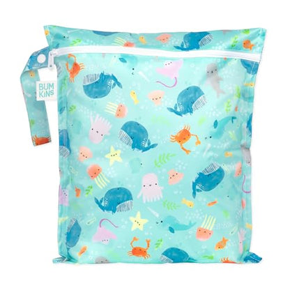 Bumkins Waterproof Wet Bag for Baby, Travel, Swim Suit, Cloth Diapers, Pump Parts, Pool, Beach, Gym Clothes, Toiletry, Hook to Stroller, Daycare, Zipper Reusable Wetdry Packing Pouch, Ocean Life Blue - color: H5 Ocean Life, style: Wet Bag