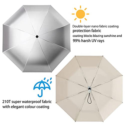 FDJASGY Silver Coating Layer Fabric Blocking UV 99.9% Sun Umbrella Compact Folding Travel Umbrella Automatic Folding Windproof Umbrellas For Men and Women (Beige) - color: Beige
