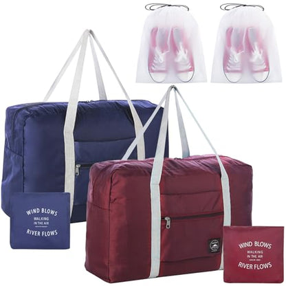 Travel Bag 2PCS Foldable Duffle Tote Weekender Overnight Luggage Bag - color: Red+Blue