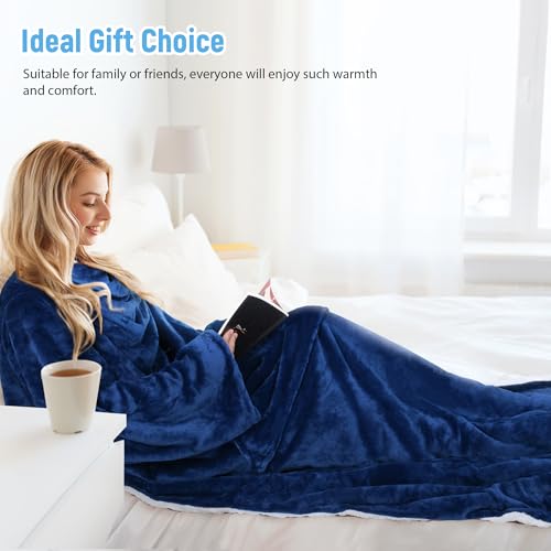 Catalonia Sherpa Wearable Blanket with Sleeves Arms - color: Blue