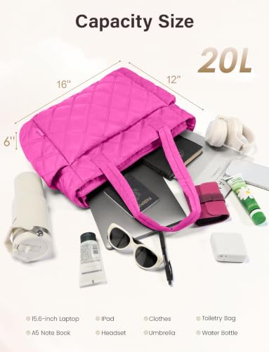 Uselike Tote Bag for Women, Lightweight Puffer Tote Work Bags with Compartments for Travel, Quilted Shoulder Bag with Zipper - color: Raspberry Pink