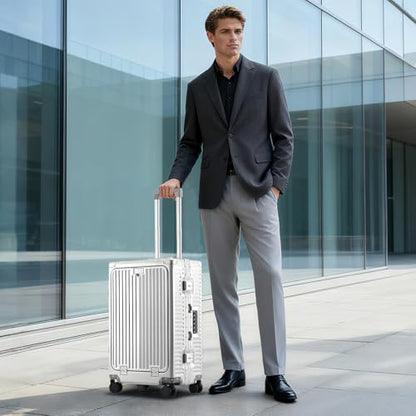 YYW All Aluminium Luggage With Spinner Wheels Lightweight PC hardside Rolling Suitcase, Built-In TSA lock Carry on Suitcase, with Cup Holder, USB Port, Phone Holder (Silver,24inch/39x25x65cm) - color: Silver, size: 24inch/39x25x65cm