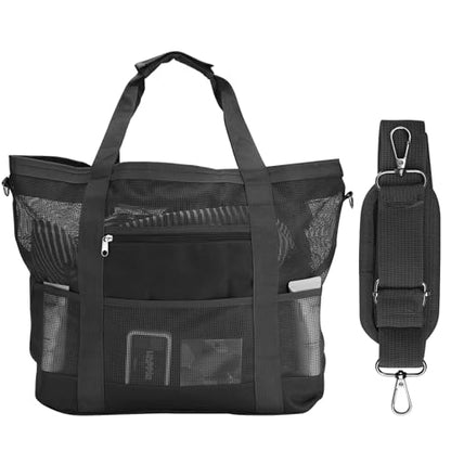 Mesh Beach Bags for Women - Plus Waterproof Sandproof Tote Bag - color: Black With Top Zipper, size: Large