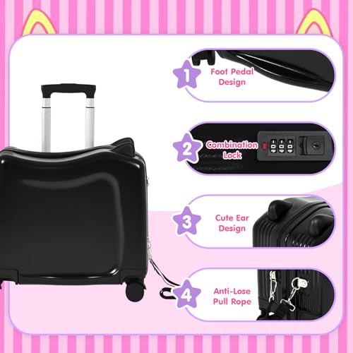 20" Kids Ride-On Suitcase with Rope, Carry-On Luggage with TSA Lock - color: Black