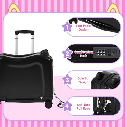 20" Kids Ride-On Suitcase with Rope, Carry-On Luggage with TSA Lock - color: Black