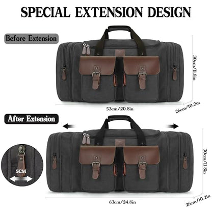 Canvas Duffle Bag for Men - 50L Expandable Travel Duffel Bags - color: Black, size: Large-50L