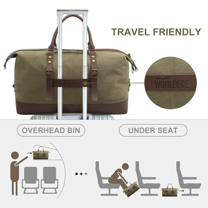 55L Canvas Duffle Bag for Men, Carry On Travel Weekender Overnight Bag - color: Green