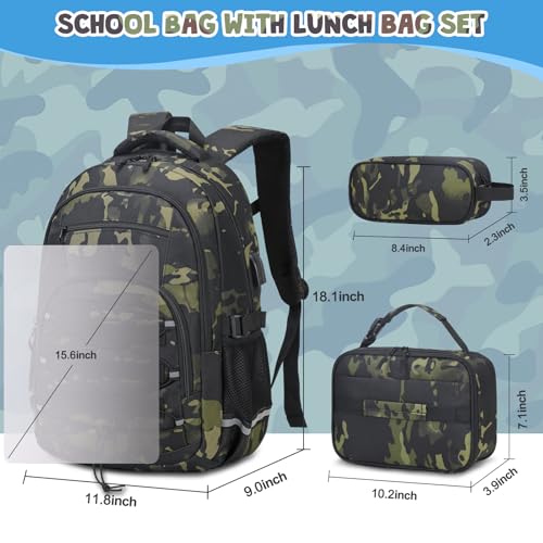 ACESAK 3PCS Camo Backpack for Boys with Lunch Box Pencil Case - color: Black Camo