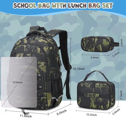 ACESAK 3PCS Camo Backpack for Boys with Lunch Box Pencil Case - color: Black Camo