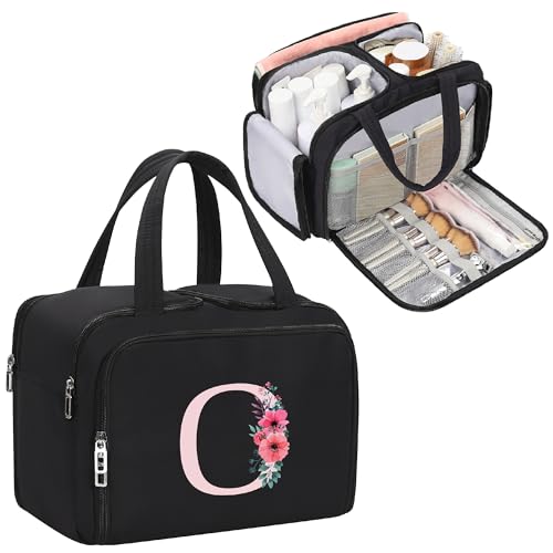 Travel Makeup Bag with Separate Brush Compartment, Initial Cosmetic Bag, O - style: O