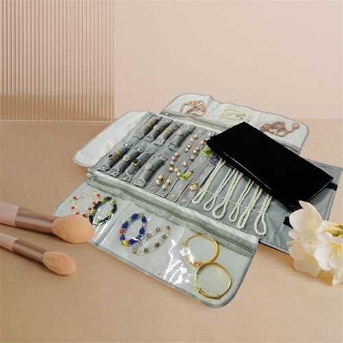 Travel Jewelry Case, Velvet Jewelry Organizer Roll Bag - color: Grey and Black