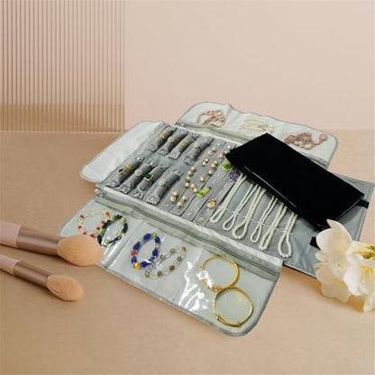Travel Jewelry Case, Velvet Jewelry Organizer Roll Bag - color: Grey and Black