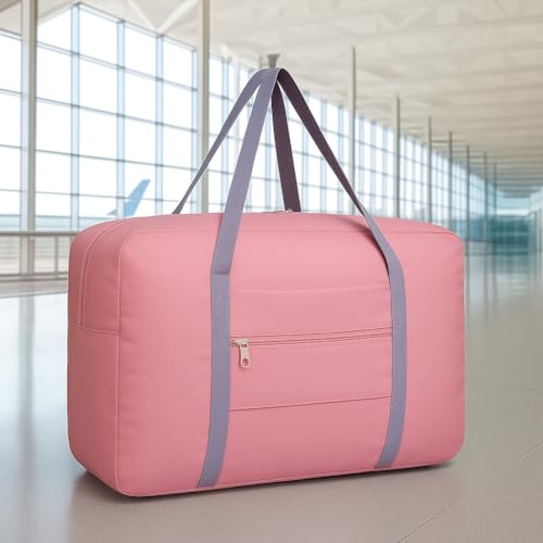 Lightweight Foldable Travel Duffel Bag, Compact Carry-On Luggage for Overnight Trips, Unisex Weekender (Pink) - color: Pink