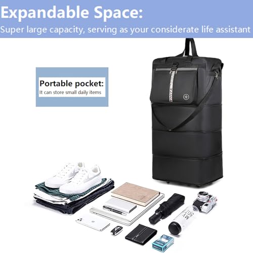 42 Inch Expandable Large Travel Duffel Bag with 5 360° Spinner Wheels & Security Lock & 2 Straps- Oxford Cloth Waterproof Lightweight Foldable Suitcase, Collapsible Luggage with Shoulder Strap, Black - color: Black with Lock & 2 Straps