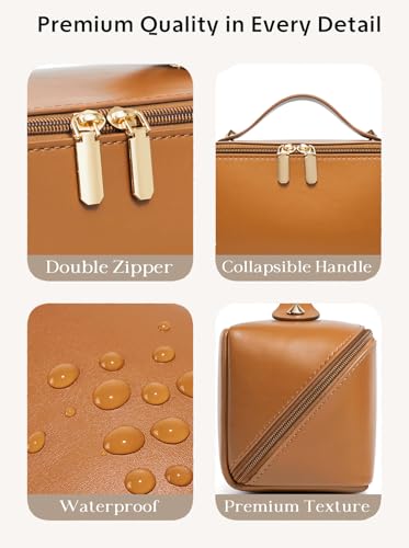 ALEXTINA Travel Makeup Bag, PU Leather Cosmetic Bag, Brown - color: smooth brown, size: Medium