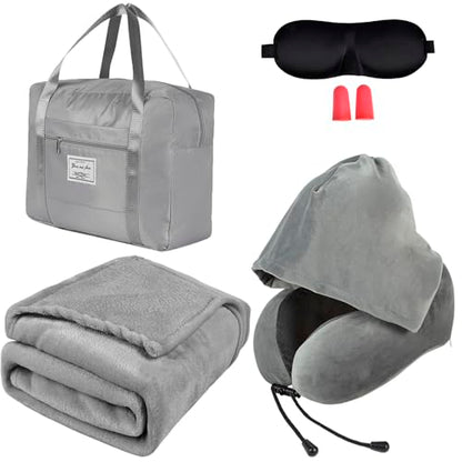 Travel Blanket and Pillow Set - Hooded Neck Pillow Airplane Essentials Grey - color: Grey