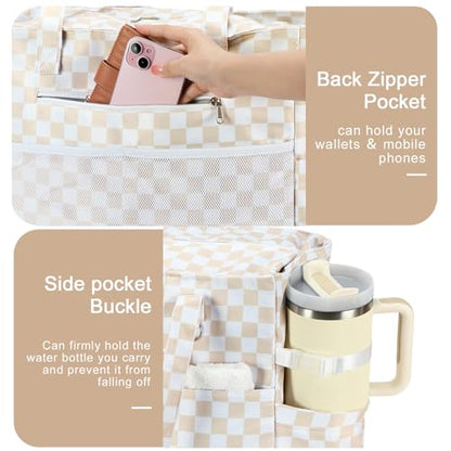 Bluboon Waterproof Beach Tote Pool Bags for Women Ladies Extra Large Carry On Bag With Wet Compartment for Weekender Travel - color: Light Brown Checkered