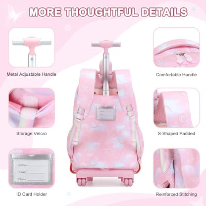 3PCS Rainbow Butterfly Rolling Backpack for Girls with Lunch Box (Pink) - color: Pink