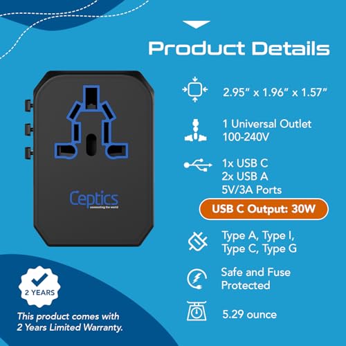 Ceptics International Power Adapter - 30W USB-C, 2 USB-A, Universal Input - color: Black/Blue
