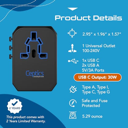 Ceptics International Power Adapter - 30W USB-C, 2 USB-A, Universal Input - color: Black/Blue