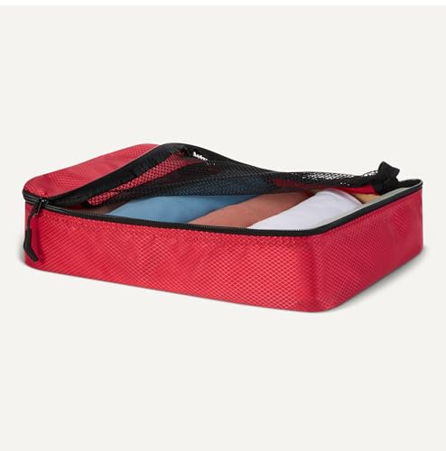 Amazon Essentials 여행용 액세서리 세트 4피스 패킹 큐브, 더블 지퍼가 있는 수하물 정리함, 100% 폴리에스터, 메시 탑, 레드, 4피스 패킹 큐브 세트 - 스몰, 미디엄, 라지, 슬림 - color: 레드, size: 소형
