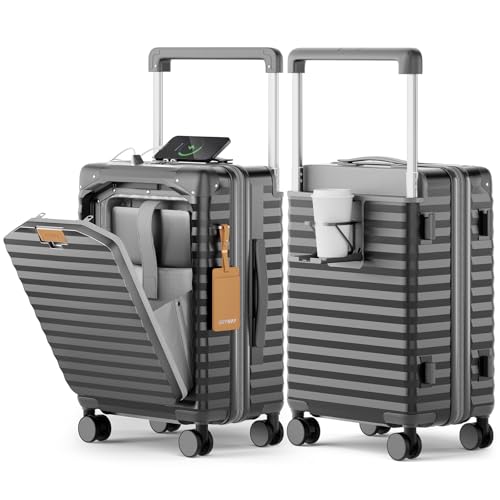 Joyway 20 Inch Carry on Luggage with Front Pocket, PC Hardshell Carry-on Suitcase with USB Port and Cup Holder, 21.5x14.2x9 Airline Approved, Luggage with Spinner Wheels and TSA Lock (Grey) - color: Grey, size: Carry On 20Inch