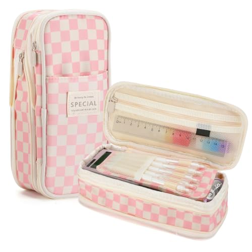 Bigmeta Gingham Expandable Pencil Case for Teens Girls - Pink - color: Pink