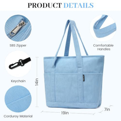 Large Canvas Tote Bag for Women, Beach Bag with Zipper, Utility Tote Bag with 3 Front Pockets, Weekender Pool Bag - color: Blue