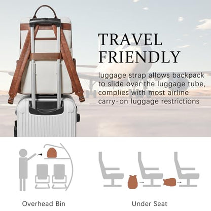 Shrrie Upgraded 17 inch Leather Laptop Backpack for Women - color: Beige With Brown