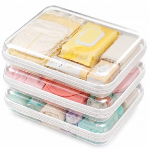3 Pack Large Clear Hard Shell Zipper Case, Diaper Bag Organizer Pouches, Water-Resistant Travel Toiletry Bags for Baby Essentials, Toys, Cables, Crafts, Makeup, White - size: L3
