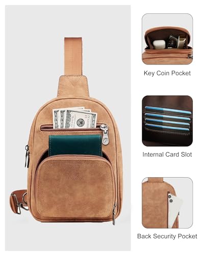 FADEON Sling Bags for Women Crossbody Bag, Designer PU Leather Sling Purse - color: Camel Brown Nubuck Style, size: Small