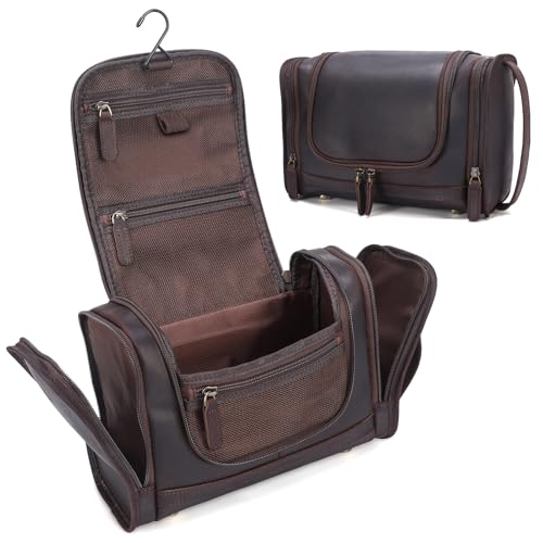 Polare Full Grain Leather Toiletry Bag Travel Dopp Kit Makeup Cosmetic Organizer Shaving Kit Wash Case with Hanging Hook - color: A-Dark Brown