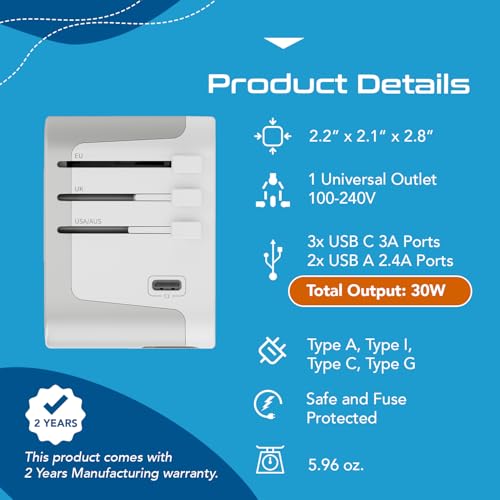 Ceptics Universal Travel Adapter, 3 USB-C + 2 USB-A with Universal Input - color: Smoke White