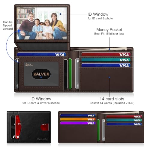 ZALVEX Wallet for Men Slim RFID Blocking Leather Credit Card Holder Wallet - color: Black + Coffee