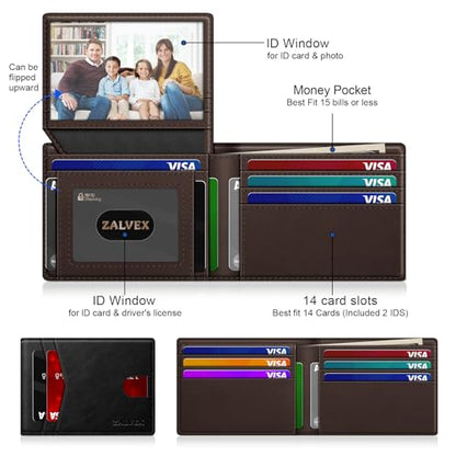 ZALVEX Wallet for Men Slim RFID Blocking Leather Credit Card Holder Wallet - color: Black + Coffee