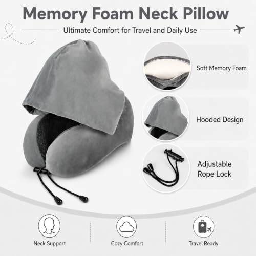 Travel Blanket and Pillow Set - Hooded Neck Pillow Airplane Essentials Grey - color: Grey