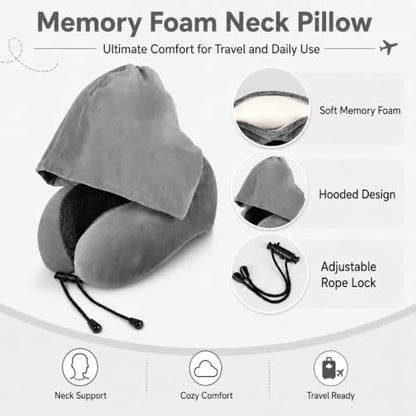 Travel Blanket and Pillow Set - Hooded Neck Pillow Airplane Essentials Grey - color: Grey