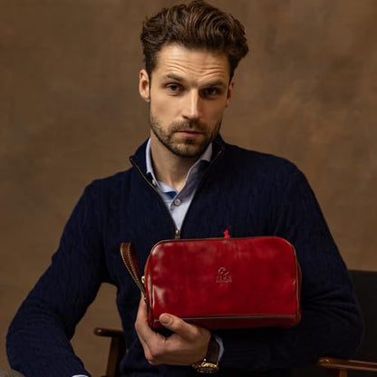 Time Resistance Leather Cosmetic Bag - Italian Toiletry Dopp Kit (Red) - color: Red