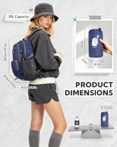 WATERFLY Packable Hiking Backpack, 20L Small Lightweight Foldable Daypack - color: Blue